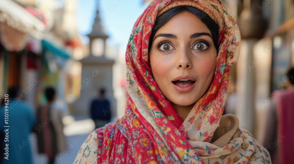 Surprised Woman in Colorful Attire Surprised Woman in Colorful Attire