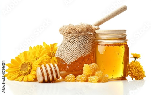 Composition with fresh honey isolated on white background photo