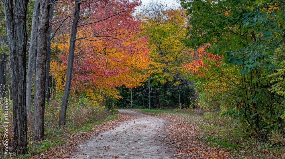 Fototapeta premium Scenic autumn path through vibrant fall foliage.