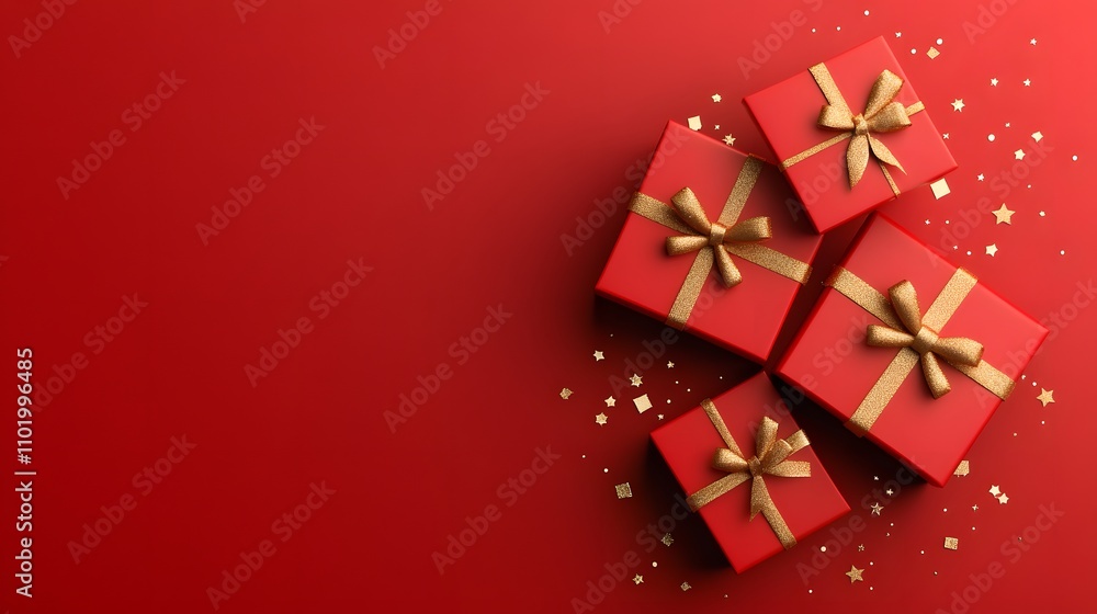 Fototapeta premium Christmas in vibrant red, 3D art, neatly arranged gifts with golden bows and festive sparkle