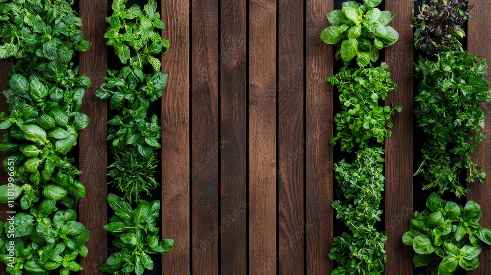 Organic retail food concept, A vertical garden of lush green herbs and leafy vegetables arranged on a wooden backdrop, showcasing vibrant, healthy plants. Organic retail food concept, A vertical garden of lush green herbs and leafy vegetables arranged on a wooden backdrop, showcasing vibrant, healthy plants.