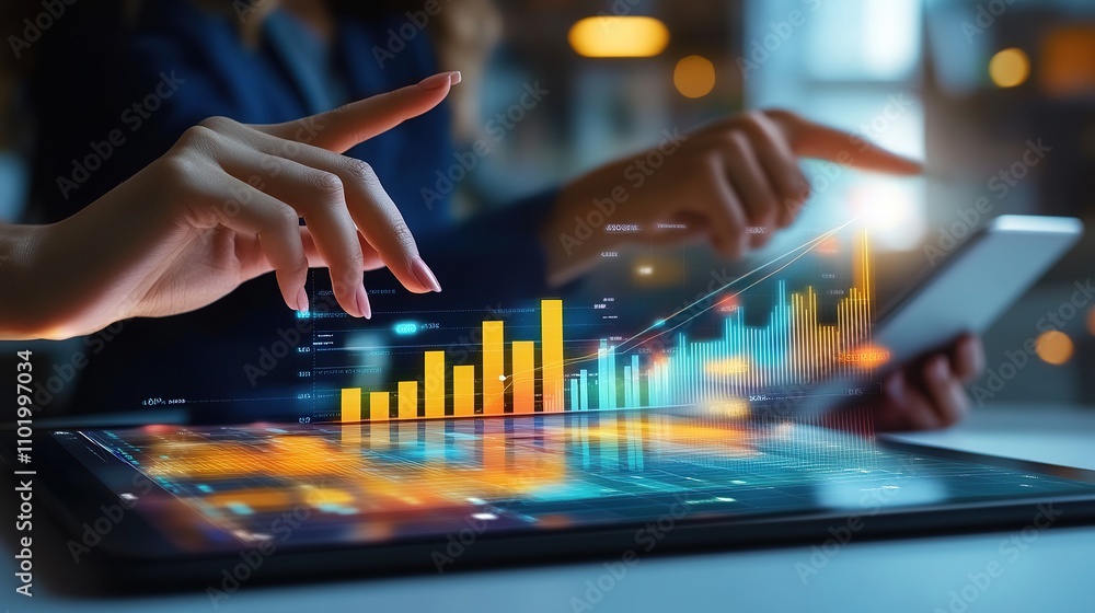 Hands interacting with digital graphs and data on screens. Hands interacting with digital graphs and data on screens.