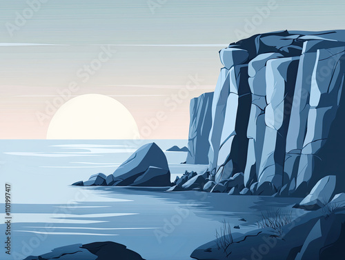 A tranquil cliffside at sunrise in cool grays and blues, offering a breathtaking and peaceful view of the morning light