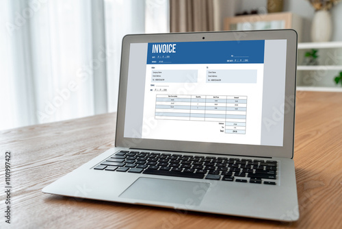 Invoice on computer screen from accounting application. Computer program for financial and budget of corporate business. Snugly.