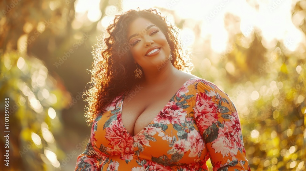 Confident plus-size model posing in vibrant floral dress outdoor setting fashion photography warm sunset glow Confident plus-size model posing in vibrant floral dress outdoor setting fashion photography warm sunset glow