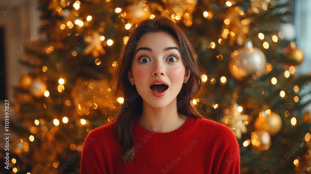 Joyful Woman Surrounded by Christmas Lights