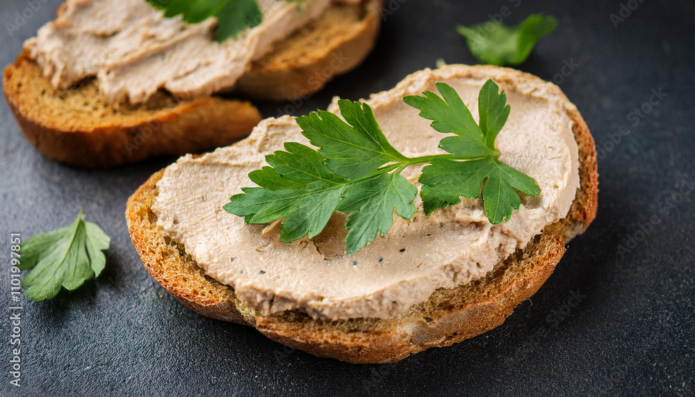 Crusty bread with smooth liver pate and fresh herbs. Tasty snack for lunch. Cooking and culinary