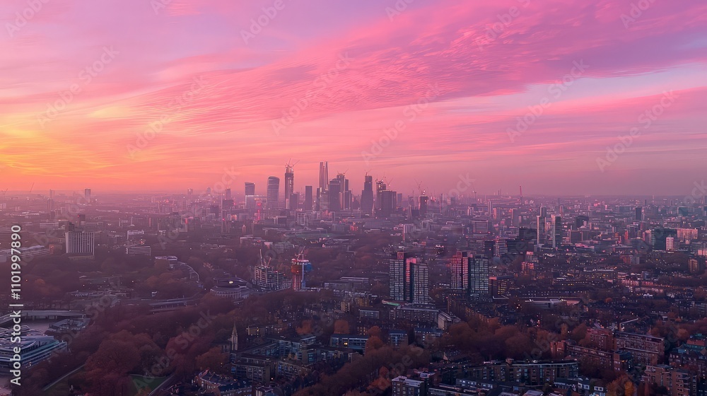 Stunning panoramic cityscape at sunrise, vibrant pink and orange sky, hazy cityscape. Stunning panoramic cityscape at sunrise, vibrant pink and orange sky, hazy cityscape.