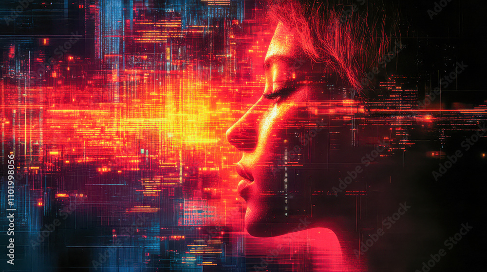 Woman's profile with digital lights, futuristic cyber landscape at night concept of technology Woman's profile with digital lights, futuristic cyber landscape at night concept of technology