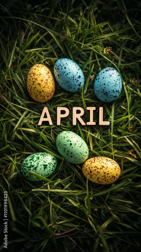 April Banner with Colorful Easter Eggs in Grass Background