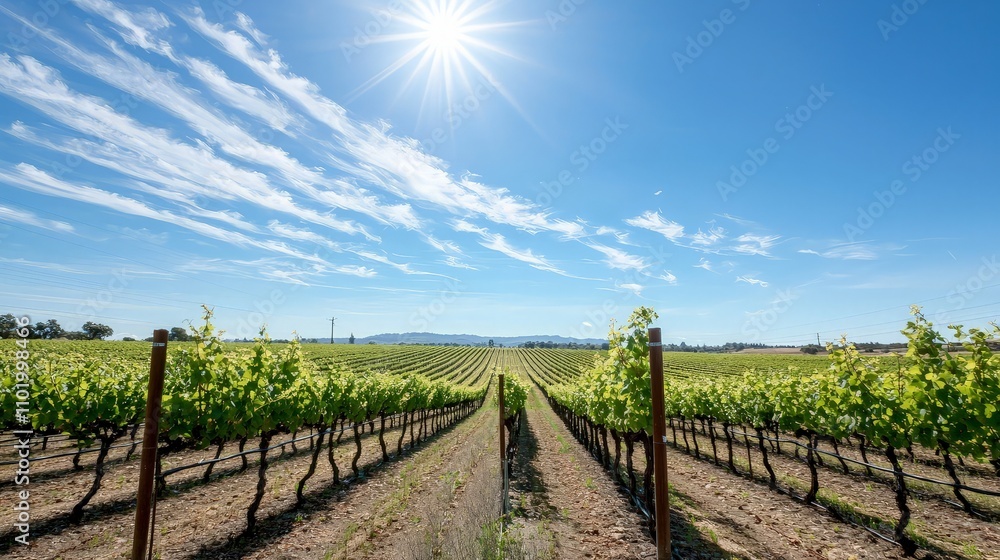 Naklejka premium Sunny vineyard landscape with rows of grapevines under a bright blue sky.