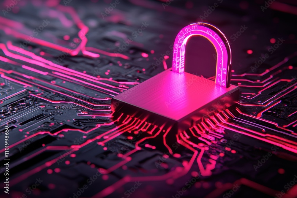 A glowing padlock sits on a circuit board, symbolizing digital security and technology in a vibrant, futuristic setting. A glowing padlock sits on a circuit board, symbolizing digital security and technology in a vibrant, futuristic setting.
