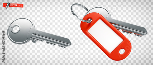 Vector realistic illustration of keys with an empty red label on a transparent background.