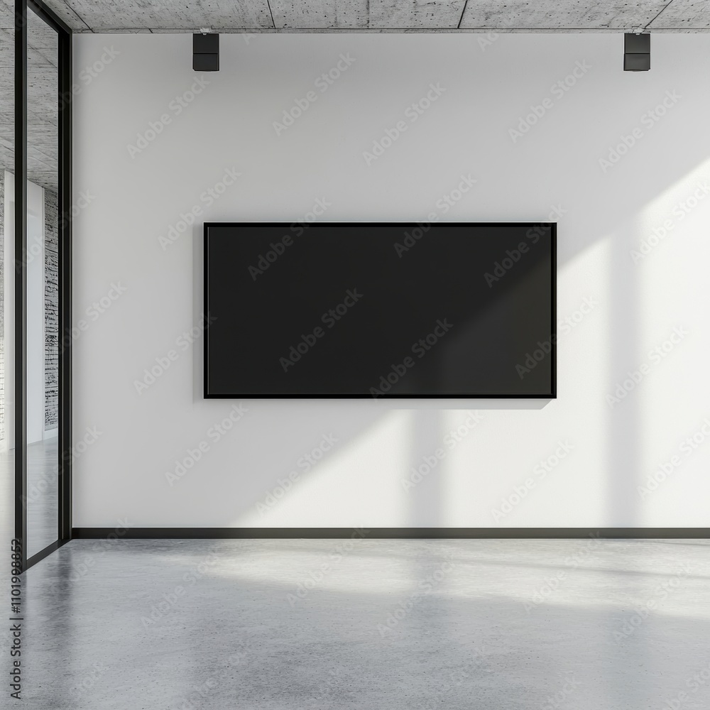 A minimalist interior featuring a blank wall with a large black screen, surrounded by concrete and glass, creating a modern aesthetic. A minimalist interior featuring a blank wall with a large black screen, surrounded by concrete and glass, creating a modern aesthetic.