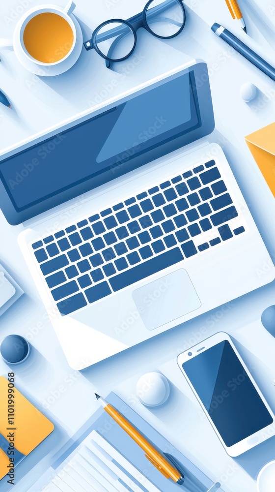 A laptop is on a table with a cell phone, a pen, a ball, and a cup A laptop is on a table with a cell phone, a pen, a ball, and a cup
