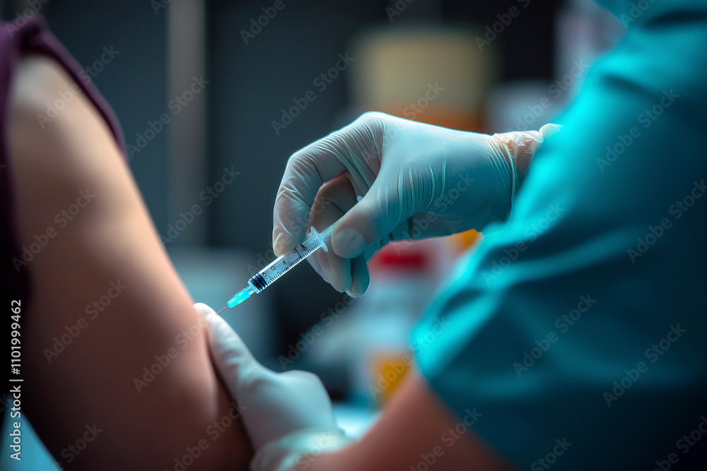 A nurse administering an insulin injection to a patient in a calm and reassuring manner in a clinic setting. A nurse administering an insulin injection to a patient in a calm and reassuring manner in a clinic setting.