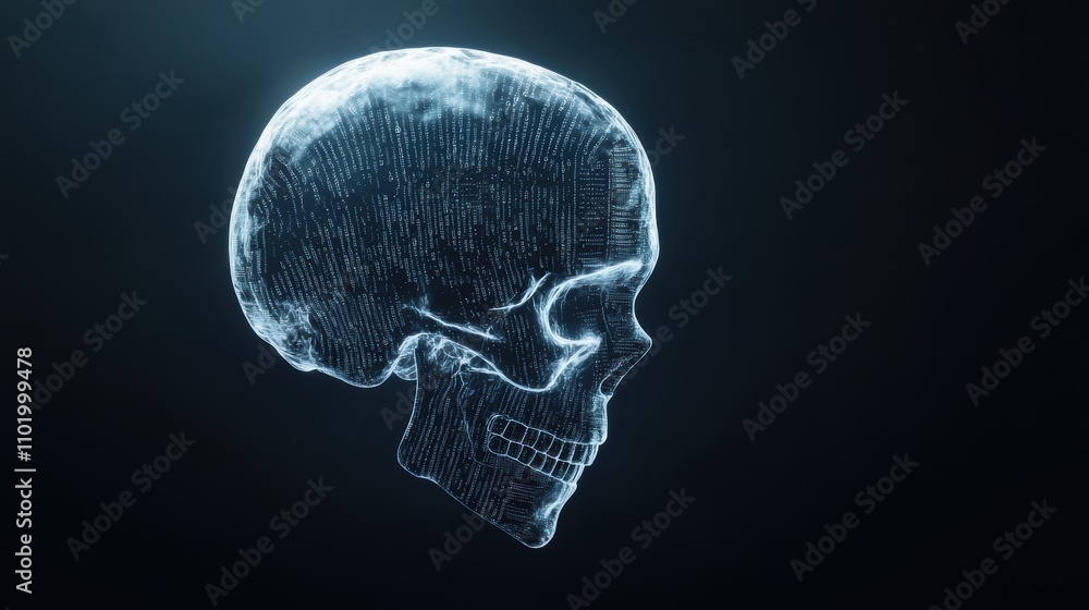 A glowing, digital representation of a human skull, showcasing intricate details against a dark background. A glowing, digital representation of a human skull, showcasing intricate details against a dark background.