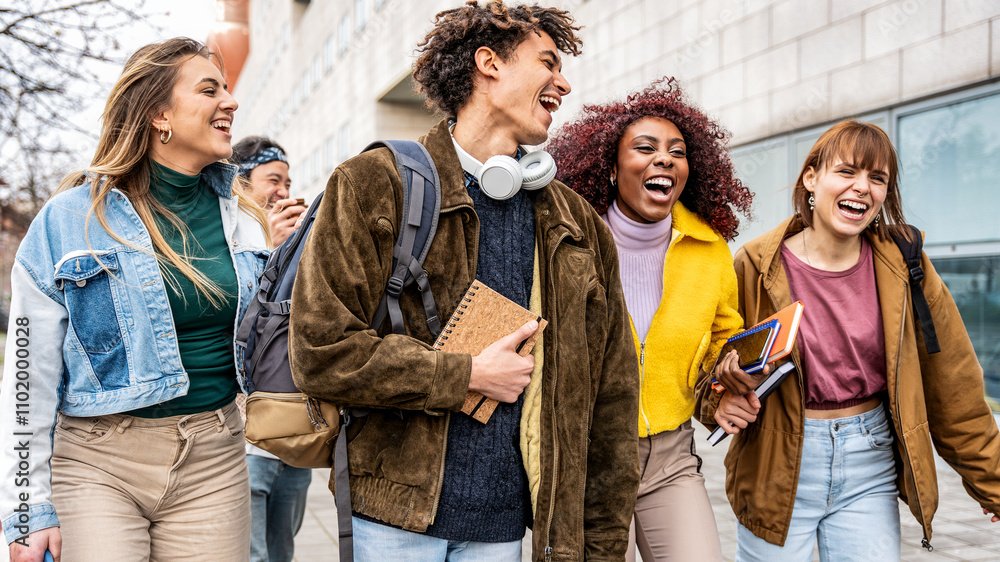 Fototapeta premium Happy university students walking in college campus - Group of smiling young people hanging outdoors together in the city street - Youth culture and education team working life style concept