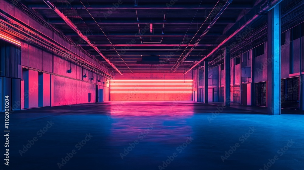 Fototapeta premium Empty industrial hall, modern ambient with neon lights