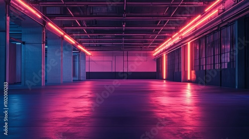 Empty industrial hall  modern ambient with neon lights