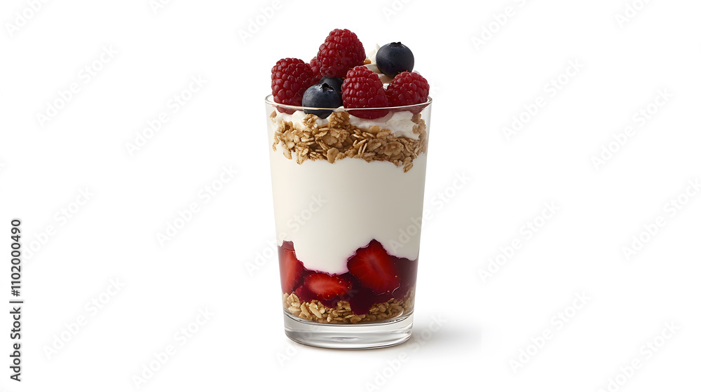 Delicious parfait glass layered with yogurt, granola, strawberries, and berries, creating refreshing and healthy dessert option Delicious parfait glass layered with yogurt, granola, strawberries, and berries, creating refreshing and healthy dessert option