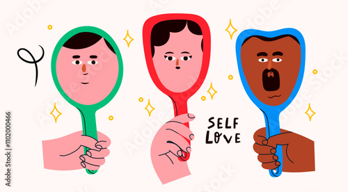 Human hand holding mirror reflexing different faces. Person staring at mirror reflection. Hand drawn isolated Vector illustrations. Cartoon flat style. Self love, acceptance, beauty, self care concept