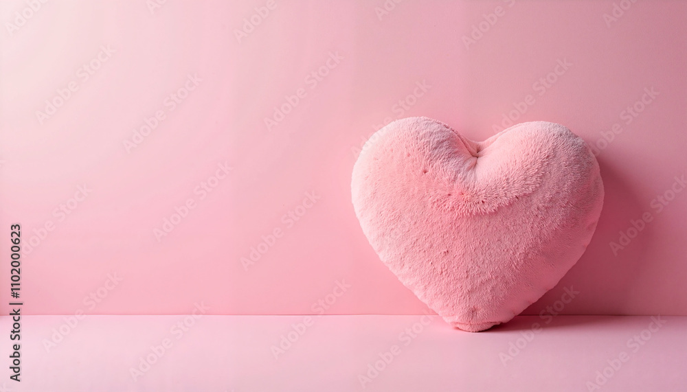 Fluffy pink heart-shaped pillow on a soft pink background with copy space, Valentine's Day Celebration background Fluffy pink heart-shaped pillow on a soft pink background with copy space, Valentine's Day Celebration background