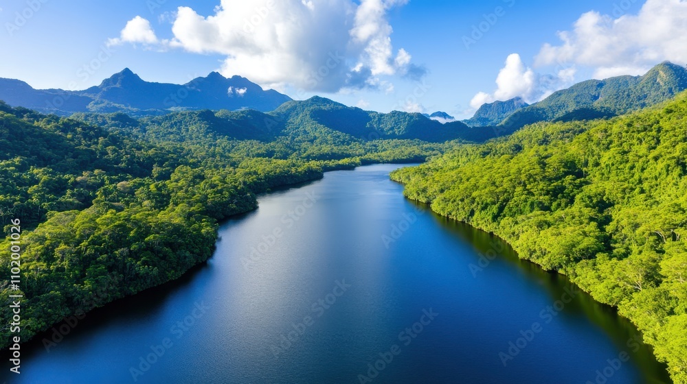 Capture of a serene river winding through expansive lush greenery, surrounded by rolling hills and majestic mountains under a backdrop of blue skies. Capture of a serene river winding through expansive lush greenery, surrounded by rolling hills and majestic mountains under a backdrop of blue skies.