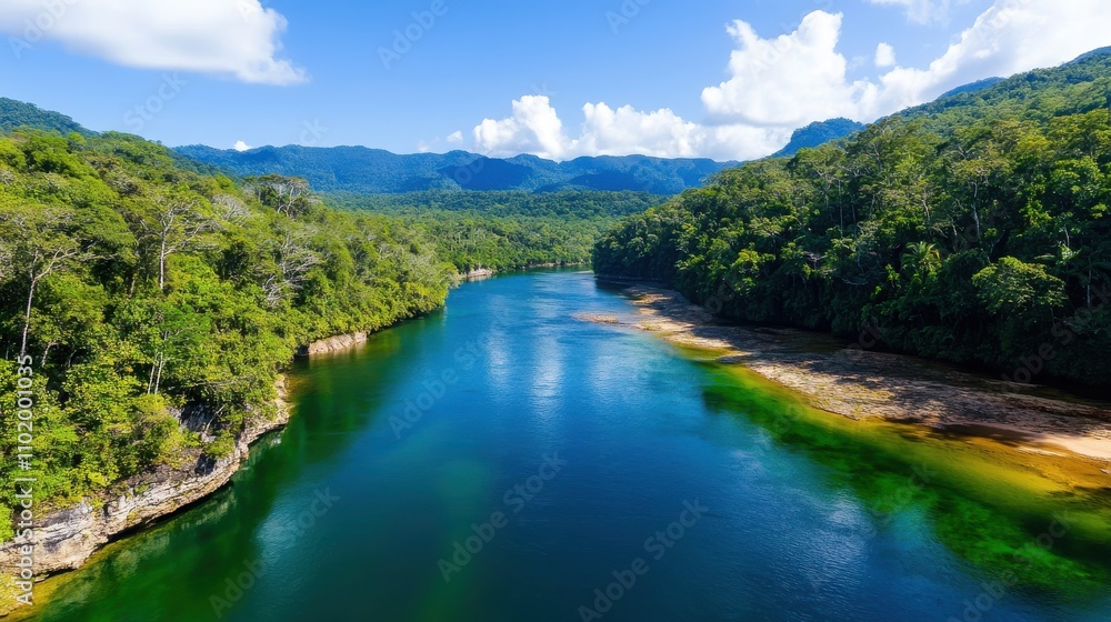 A clear sunny day with a river flowing through a vibrant tropical rainforest, surrounded by rich greenery and clear blue skies, exuding natural beauty and tranquility. A clear sunny day with a river flowing through a vibrant tropical rainforest, surrounded by rich greenery and clear blue skies, exuding natural beauty and tranquility.