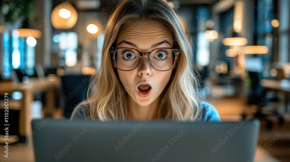 Surprised Woman in Modern Workspace Surprised Woman in Modern Workspace