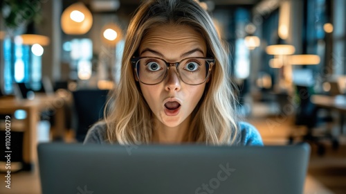 Surprised Woman in Modern Workspace