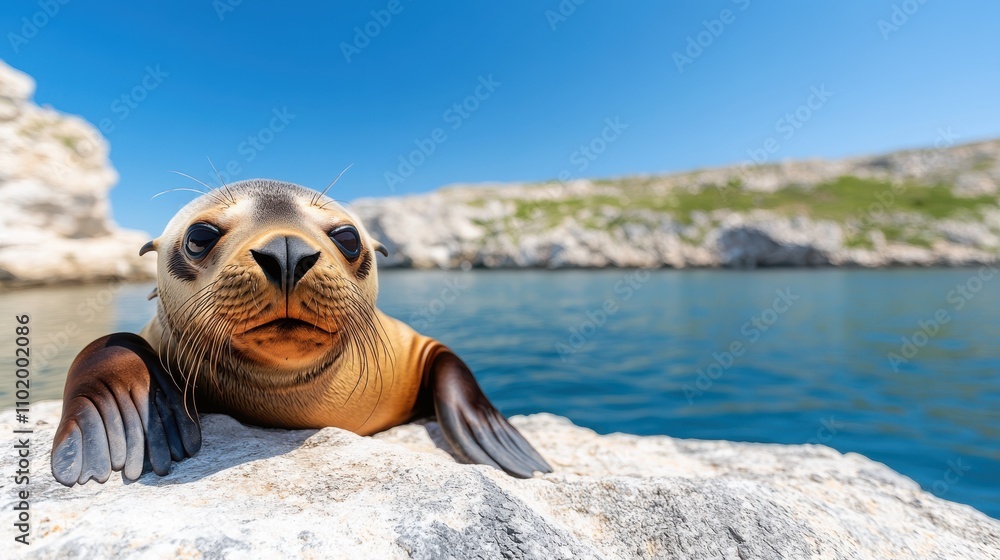 Fototapeta premium An alert seal emerges from the water onto sunlit rocks, its shiny wet fur gleaming, framed by the clear blue sky and rocky shoreline in the background.
