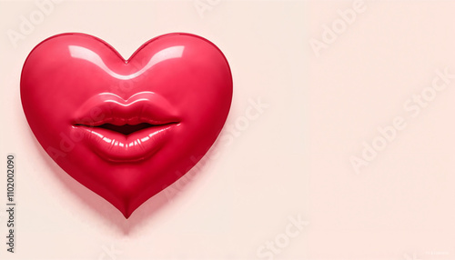 Red heart-shaped object with lip design on soft pastel background and copy space, Valentine's Day Celebration background