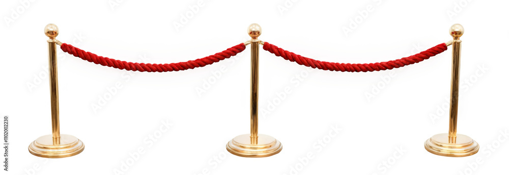 Golden stanchion barriers with red rope separator, arranged in a row on transparent background. Golden stanchion barriers with red rope separator, arranged in a row on transparent background.