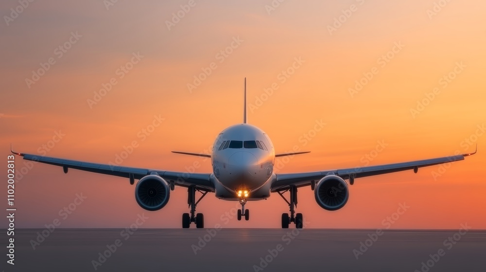 Obraz premium Airplane silhouette against vibrant sunset on airport runway, a captivating scene of travel and aviation