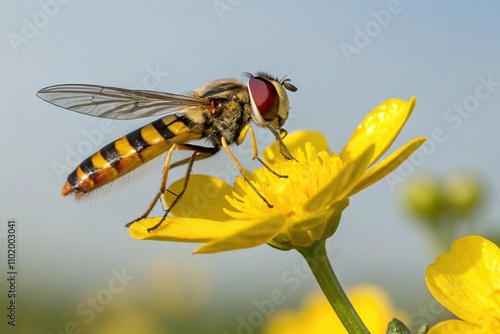 Marmalade hover fly Episyrphus balteatus perched on a bright yellow flower, insects, yellow flowers, marmalade hoverfly, Episyrphus balteatus photo