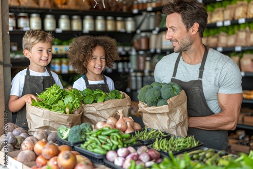 Father and children enjoying shopping for fresh vegetables at a local market with smiles and laughter