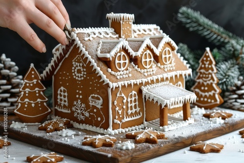 Holiday gingerbread house decorating with festive treats and winter-themed decorations