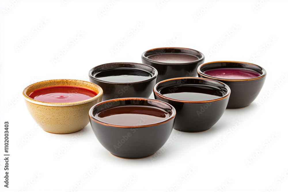 bowls of sauce are arranged in a row. The bowls are of different colors and sizes, and they are filled with various sauces. Concept of variety and abundance bowls of sauce are arranged in a row. The bowls are of different colors and sizes, and they are filled with various sauces. Concept of variety and abundance