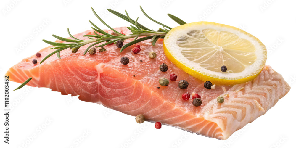 Slice of raw fish salmon with lemon, rosemary and spices isolated. Slice of raw fish salmon with lemon, rosemary and spices isolated.