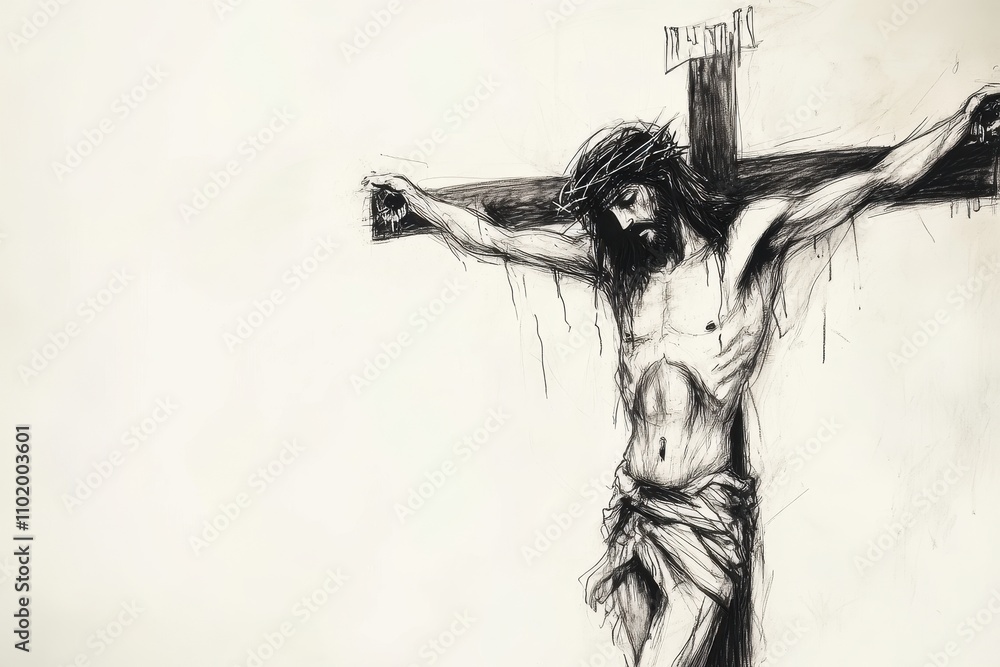 Expressive Black and White Pen Sketch of Jesus Christ on the Cross, Featuring Dramatic Lines and Emotional Depth Depicting His Crucifixion Expressive Black and White Pen Sketch of Jesus Christ on the Cross, Featuring Dramatic Lines and Emotional Depth Depicting His Crucifixion