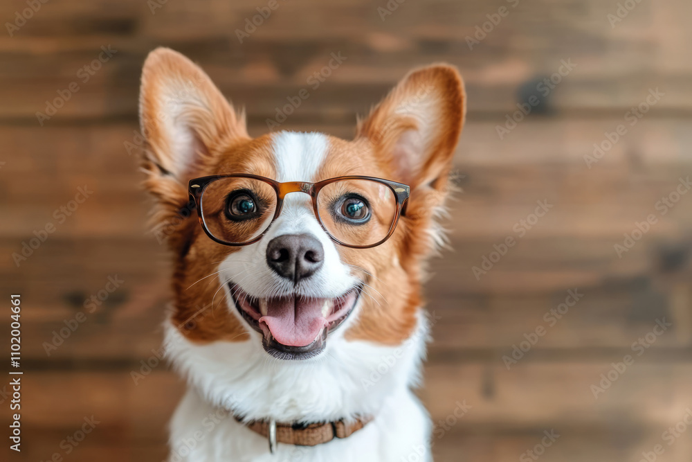 Cheerful dog wearing stylish glasses. Intelligence concept Cheerful dog wearing stylish glasses. Intelligence concept