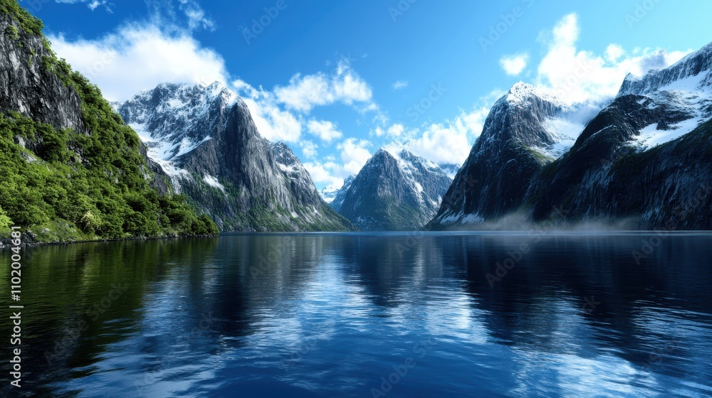 This captivating image showcases a beautiful fjord, peaceful blue waters, and stunning snow-clad mountain peaks, highlighting the essence of untouched tranquility. This captivating image showcases a beautiful fjord, peaceful blue waters, and stunning snow-clad mountain peaks, highlighting the essence of untouched tranquility.