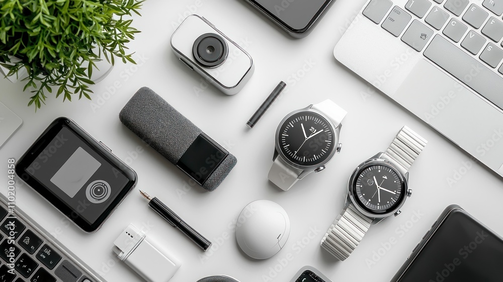 Modern Workspace Arrangement Featuring Smart Devices, Stylish Watches, and Minimalist Accessories on a Clean White Background Modern Workspace Arrangement Featuring Smart Devices, Stylish Watches, and Minimalist Accessories on a Clean White Background