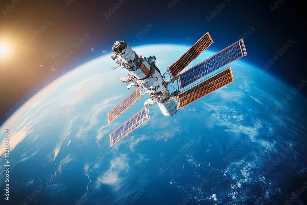 Obraz premium satellite is flying through space above the Earth. The satellite is surrounded by a blue sky and the stars