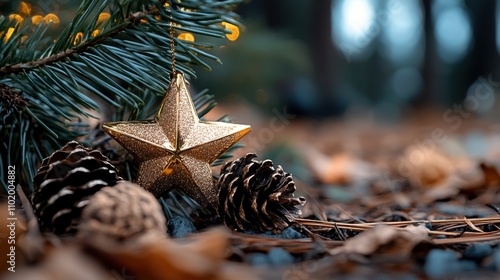 A glittering gold star ornament lies amid pinecones and evergreen branches on a forest floor, evoking a festive holiday atmosphere with a touch of nature's tranquility. photo