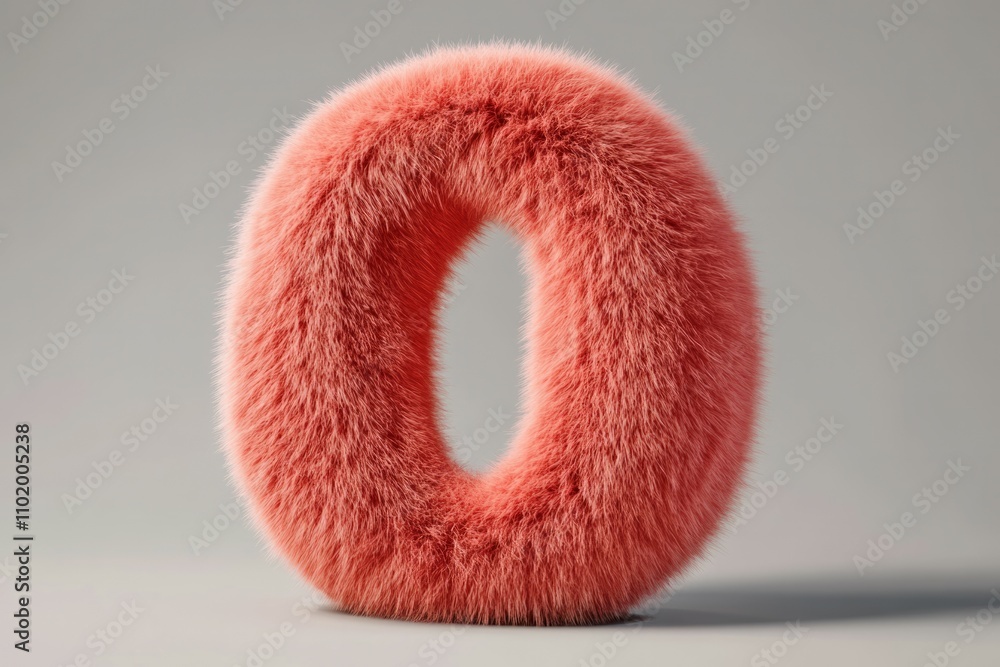 3d hairy fluffy font number 0, furry alphabet, pink number 0, zero isolated white background