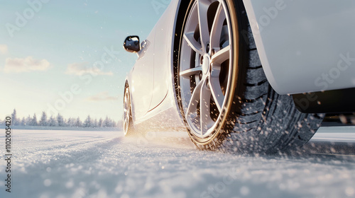 Nahaufnahme eines Autoreifens auf verschneiter Straße