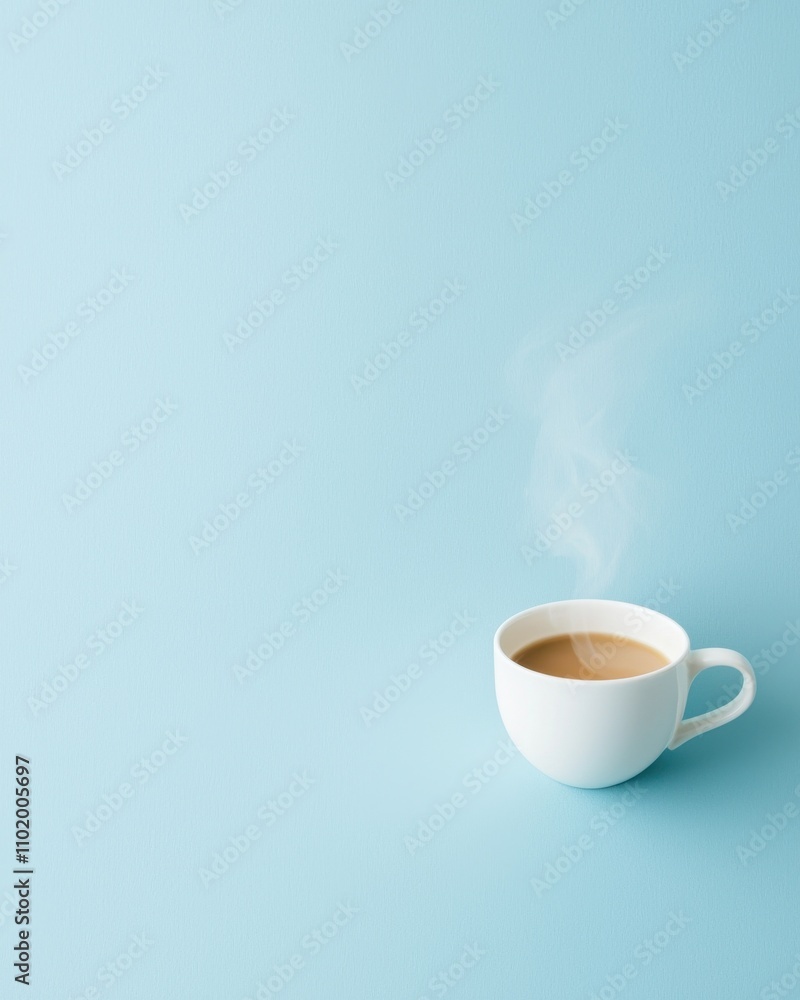 Steaming cup of coffee on blue background home setting beverage minimalist style close-up comfort and relaxation Steaming cup of coffee on blue background home setting beverage minimalist style close-up comfort and relaxation
