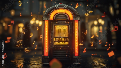 A vintage jukebox with a lot of notes falling out of it. The notes are scattered all around the jukebox, creating a sense of chaos and disarray. The jukebox is surrounded by a bright orange light